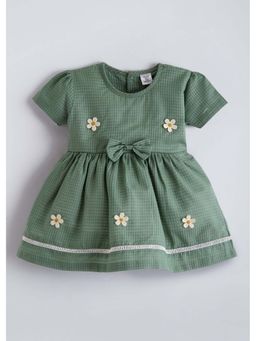 Hopscotch - Olive Daisy And Bow Applique Cotton Dress