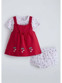 Hopscotch - Red Cherry Embroidered Dress With T-Shirt & Bloomer