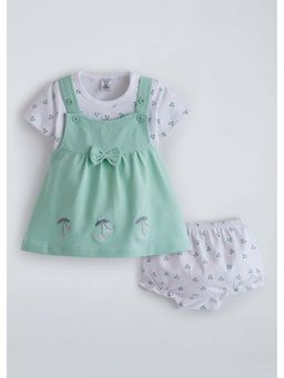 Hopscotch - Green Cherry Embroidered Dress With T-Shirt & Bloomer