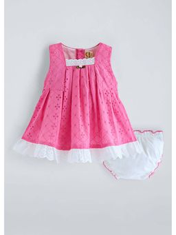 Hopscotch - Pink Schiffli Lace Dress With Bloomer