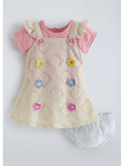 Hopscotch - Beige Cotton Applique Casual Dress With T-Shirt & Bloomer