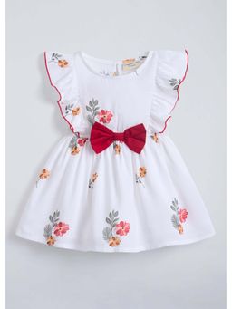 Hopscotch - White Floral Bow Applique Cotton Dress
