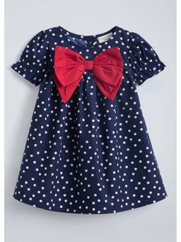 Hopscotch - Navy Blue Bow Applique Polka Dot Cotton Dress