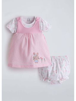 Hopscotch - Pink Cotton Bunny Embroidered Casual Dress With T-Shirt & Bloomer