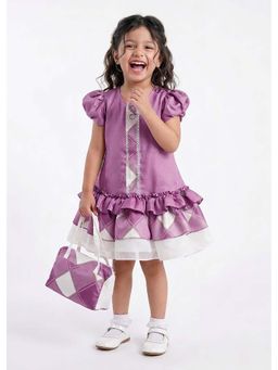 Hopscotch - Purple Ruffled Lace Checkered Puff Sleeves Dress With Bag