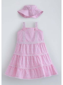 Hopscotch - Pink Gingham Checks Embroidery Tiered Dress