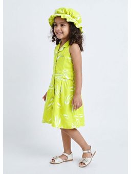 Hopscotch - Green Printed Collar Neck Dress With Cap