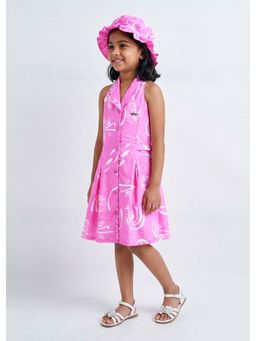 Hopscotch - Pink Printed Collar Neck Dress With Cap