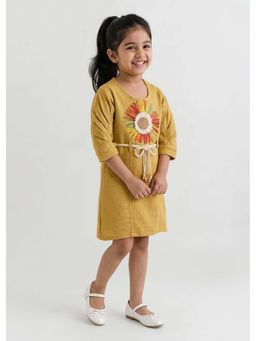 Hopscotch - Mustard Floral Applique Dress With Belt
