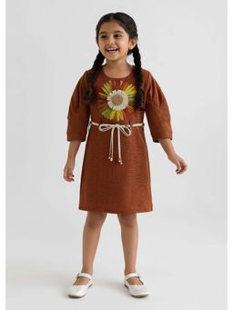 Hopscotch - Brown Floral Applique Dress With Belt