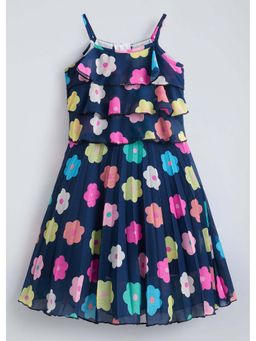 Hopscotch - Navy Blue Floral Ruffled Cotton Dress