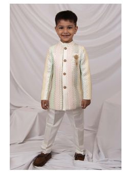 Little Collars - Boys Cream Ethnic Sequins Sherwani & Pyjama With Brooch