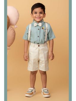 Little Collars - Boys Carnival Cotton Shirt & Shorts with Bow Suspender - Green