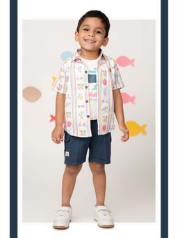 Little Collars - Boys Blue Cotton Summer Vibe Shirt With Printed T-Shirt & Short
