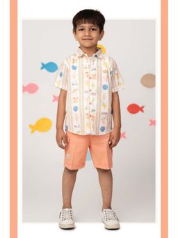 Little Collars - Boys Peach Cotton Summer Vibe Shirt With Printed T-Shirt & Short