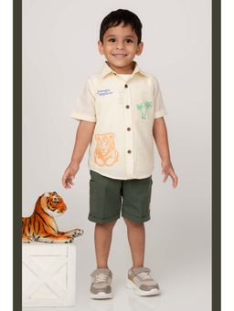 Little Collars - Boys Cotton Tiger Printed Shirt With T-Shirt & Shorts Belt - Cream