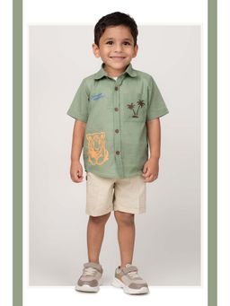 Little Collars - Boys Cotton Tiger Printed Shirt With T-Shirt & Shorts Belt - Green