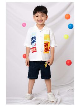 Little Collars - Boys Pure Muslin Cotton Shirt Denim Shorts & Keychain- White