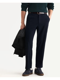 Rare Rabbit - Men Kenal Navy Blue Polyester Blend Fabric Plain Trouser
