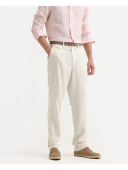 Rare Rabbit - Men Masoni-B Off White Linen Blend Plain Relaxed Fit Trouser