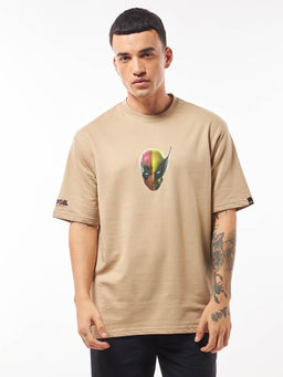 Bewakoof - Heavy Duty 1.0 Official Marvel Men's Brown Deadpool Duo Graphic Printed Oversized T-shirt