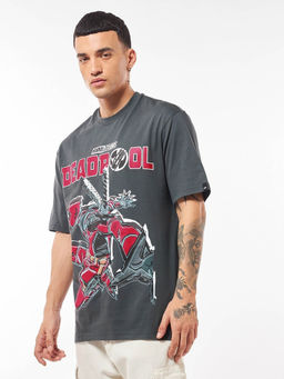 Bewakoof - Official Marvel Men's Grey Deadpool Graphic Printed Oversized T-shirt