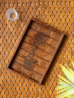 ExclusiveLane - Ethereal Elephants Hand-Carved Serving Tray In Sheesham Wood (Free Size)