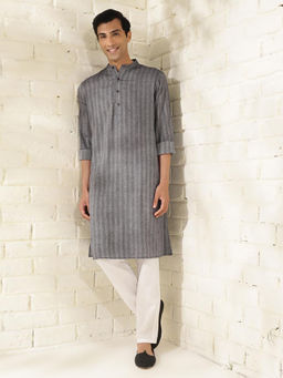 Fabindia - Cotton Grey Woven Stripes Mandarin Neck Full Sleeves Comfort Fit Men Kurta
