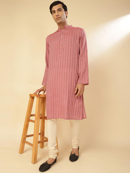 Fabindia - Cotton Pink Woven Stripes Mandarin Neck Full Sleeves Comfort Fit Men Kurta