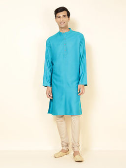 Fabindia - Viscose Silk Turquoise Solid Mandarin Neck Full Sleeves Men Kurta