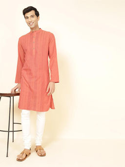 Fabindia - Cotton Orange Embroidered Mandarin Neck Full Sleeves Slim Fit Men Kurta