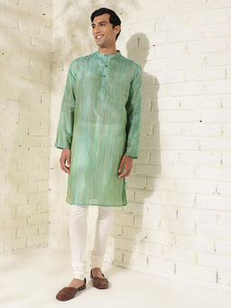 Fabindia - Silk Blend Woven Stripes Mandarin Neck Full Sleeves Slim Fit Men Kurta