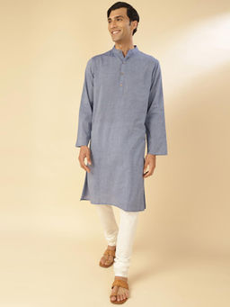 Fabindia - Cotton Blue Solid Mandarin Neck Full Sleeves Comfort Fit Men Kurta