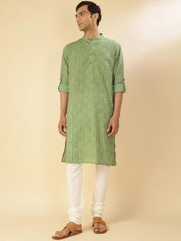 Fabindia - Cotton Green Printed Mandarin Neck Comfort Fit Men Kurta
