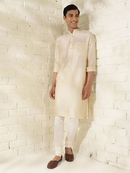 Fabindia - Viscose Silk Cream Woven Mandarin Neck Full Sleeves Comfort Fit Men Kurta
