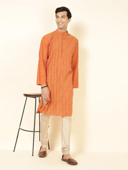 Fabindia - Cotton Orange Self Design Pintucks Mandarin Neck Full Sleeves Slim Fit Men Kurta