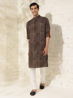 Fabindia - Cotton Black Printed Mandarin Neck Roll-Up Sleeves Slim Fit Men Kurta
