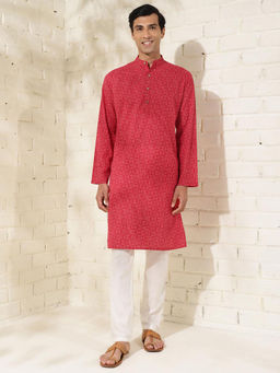Fabindia - Cotton Red Print Mandarin Neck Full Sleeves Slim Fit Men Kurta