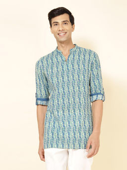 Fabindia - FabBasics Blue Cotton Printed Slim Fit Short Kurta