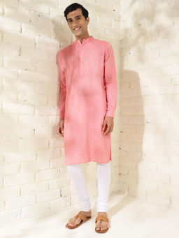 Fabindia - Cotton Pink Embroidered Mandarin Neck Full Sleeves Slim Fit Men Kurta