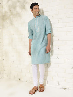 Fabindia - Cotton Teal Embroidered Mandarin Neck Roll-Up Sleeves Slim Fit Men Kurta