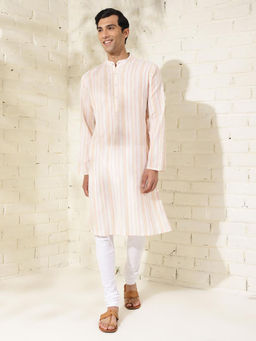 Fabindia - Cotton Pink Chikankari Stripes Mandarin Neck Full Sleeves Slim Fit Men Kurta