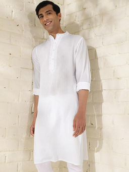 Fabindia - Cotton White Dobby Chikankari Stripes Mandarin Neck Slim Fit Men Kurta