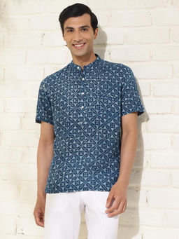 Fabindia - Cotton Indigo Printed Mandarin Neck Slim Fit Men Mid Placket Shirt