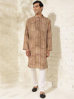 Fabindia - Cotton Brown Bagru Print Mandarin Neck Full Sleeves Comfort Fit Men Kurta