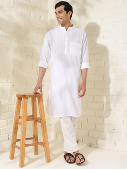 Fabindia - Cotton White Woven Stripes Mandarin Neck Full Sleeves Comfort Fit Men Kurta