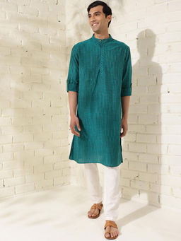 Fabindia - Cotton Blend Teal Dobby Stripes Mandarin Neck Comfort Fit Men Kurta
