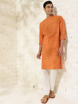 Fabindia - Cotton Orange Stripes Print Mandarin Neck Full Sleeves Slim Fit Men Kurta