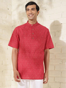 Fabindia - Cotton Red Bagru Print Mandarin Neck Half Sleeves Regular Fit Men Kurta