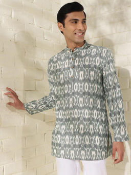 Fabindia - Cotton Sage Ikat Print Mandarin Neck Full Sleeves Regular Fit Men Kurta
